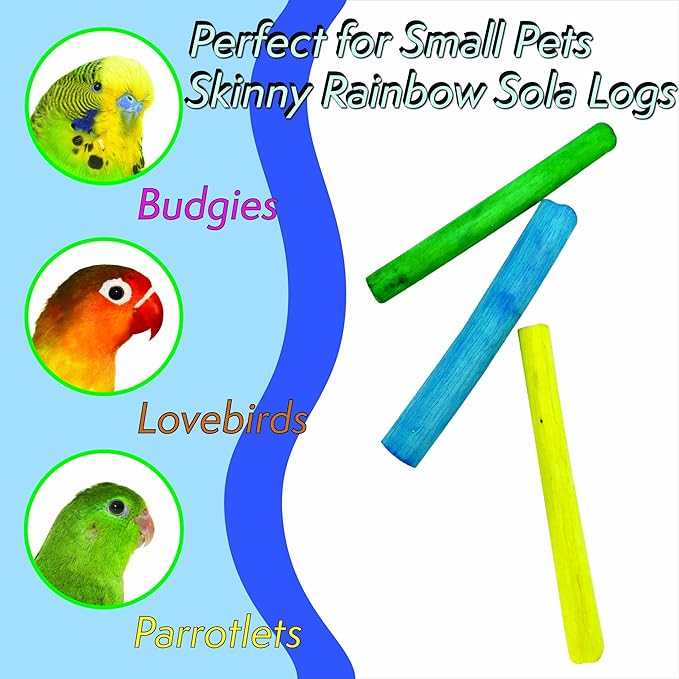 5515 Skinny Rainbow Sola Logs Pk4 - Handcut Natural Skinny Sola Wood Foraging Foot Toys, Bright Assorted Pet Safe Colors, Lightweight, Fun for Birds to Chew Apart!
