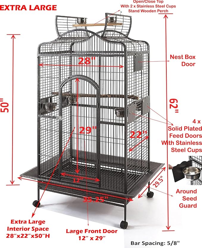 Extra Large Elegant Wrought Iron Open/Close Dome Top Perch Stand Bird Parrot Finch Macaw Cockatoo Rolling Cage (BlackVein, 35.5" W x 29.5" D x 62" H)