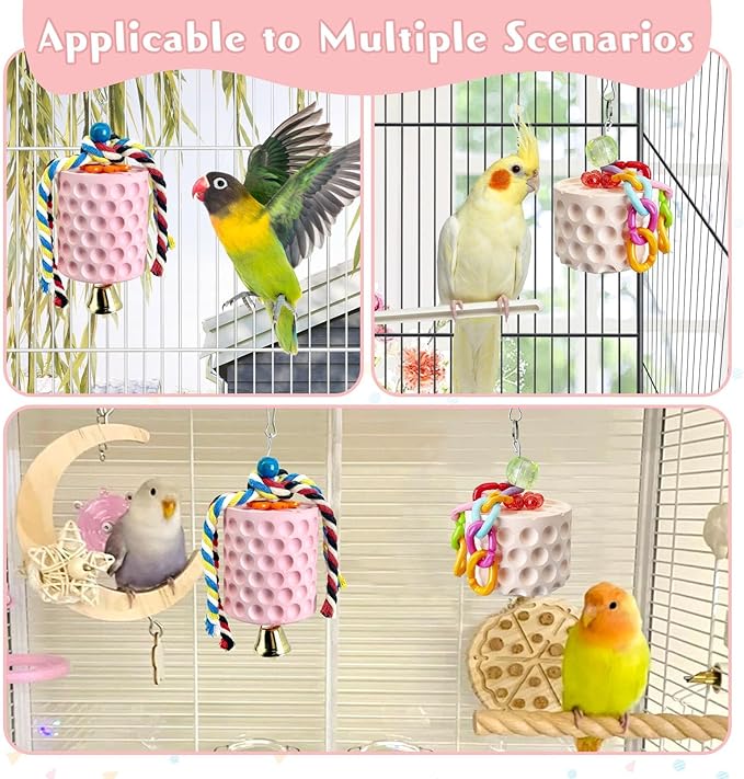PINVNBY Bird Beak Grinding Stone 2Pcs Bird Chewing Toys Lava Calcium Block with Bell Hanging Parrot Chewing Toy Cage Accessories for Parakeets Conures Cockatiels Budgies Lovebirds