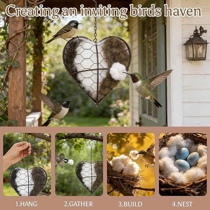 Heart Shaped Bird Nesting Material Holder - Refillable Wild Bird Nesting Supply Station with Natural Fibers, Outdoor Garden Hanging Bird House Accessory for Hummingbirds & Wild Birds