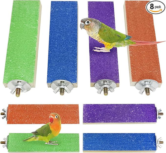 Hamiledy Colorful Bird Perches Wooden Paw Grinding Board Parakeets Stand Platform Bird Chewing Toys Cage Accessories for Budgies Cockatiels Conure Lovebirds Parrots Hamsters(8 Pcs)