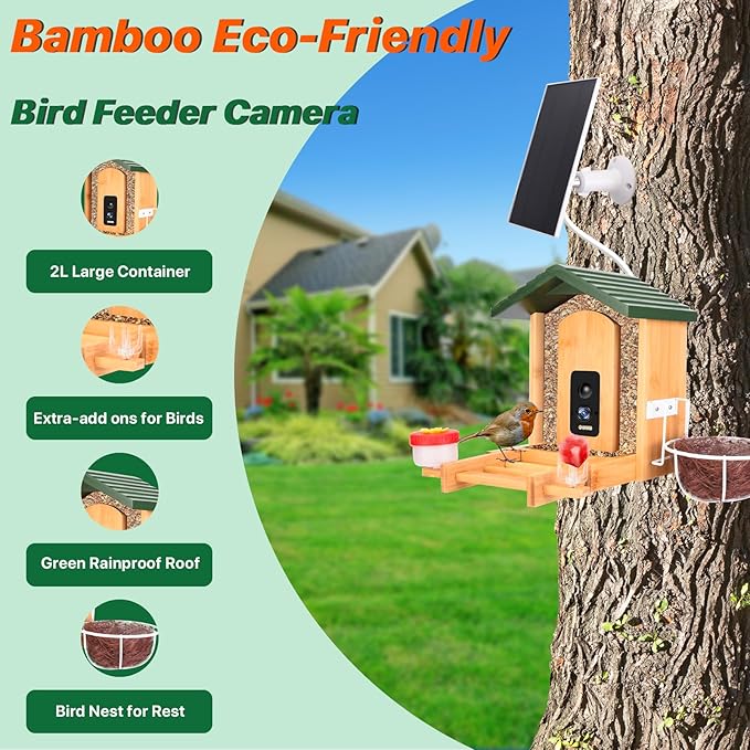 Smart Bird Feeder with Camera Solar Powered, 4K UHD Video Live Stream 8MP Photos, AI Bird Species Identification, Instant Arrival Alerts, Weatherproof Bamboo Design, Best Gift for Bird Lovers