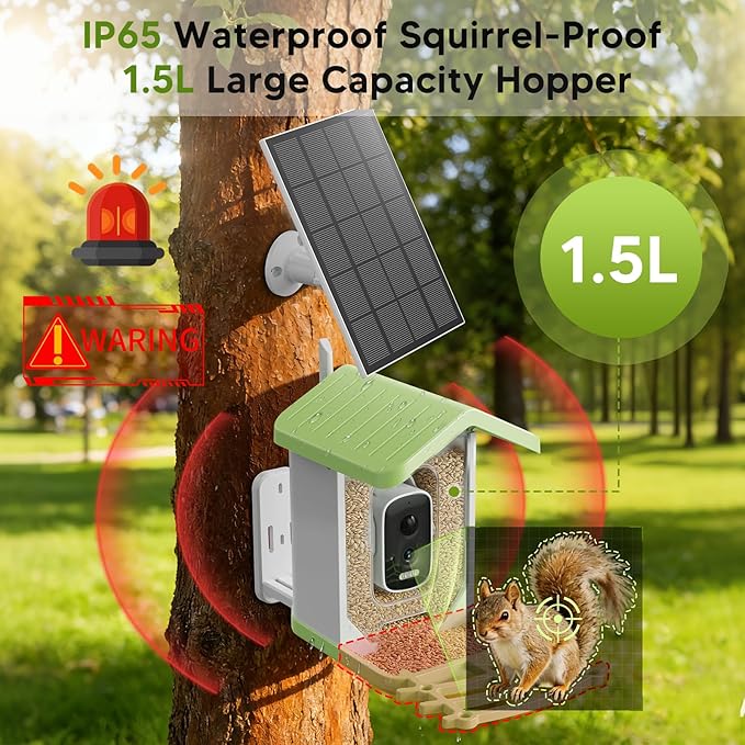 Billber Smart Bird Feeder with Camera - Solar Powered & Night Vision, 2K HD Real-Time View & Instant Alerts, Waterproof Outdoor Hummingbird Feeder, for Bird Watching Enthusiasts