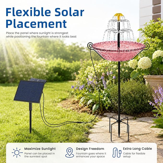 Bird Bath for Outside with Solar Fountain, Plastic Bowl on Metal Stake and Ground Stand, Freestanding Garden Accent for Yard and Patio (Pink(L))
