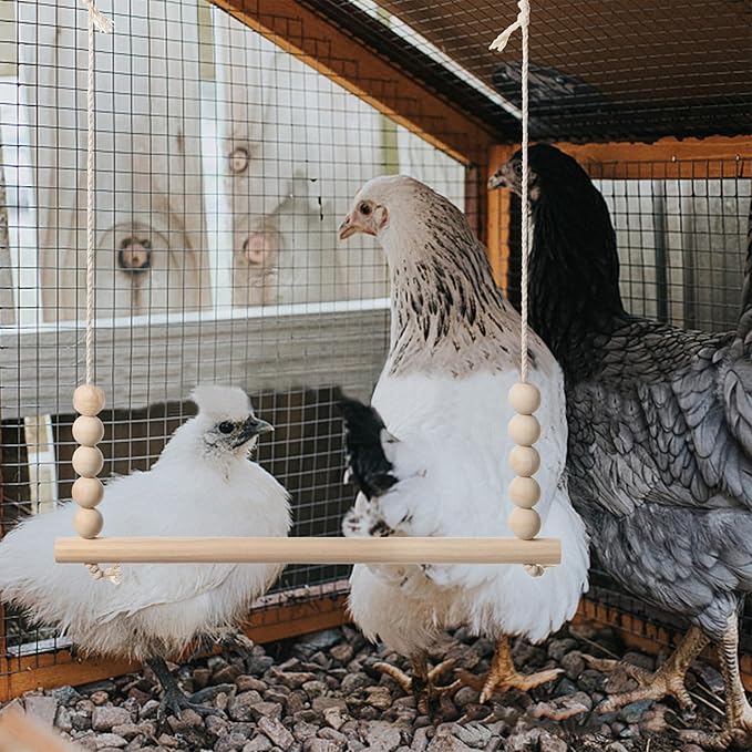 Chicken Swing Toy, Natural Wooden Chicken Bird Swings with Wooden Beads, Wood Stand Chicken Coop Accessories for Poultry Run Rooster Hens Chicks Pet Parrots