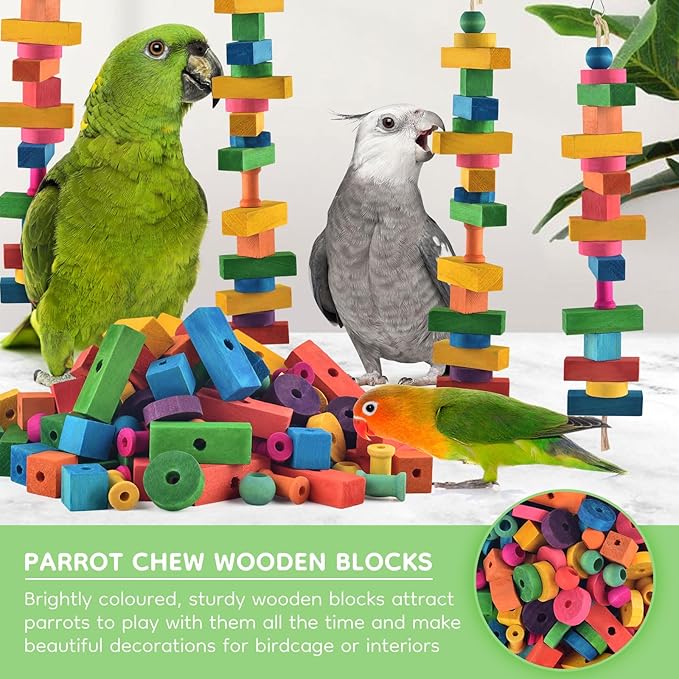 DBNESS Large Bird Toys for Parrots, 165 PCS Colorful Chew Toy Multi-Shaped DIY Wooden Blocks Craft Birds Cage Training Toy Macaw Cockatoo African Grey Medium Large Parrot