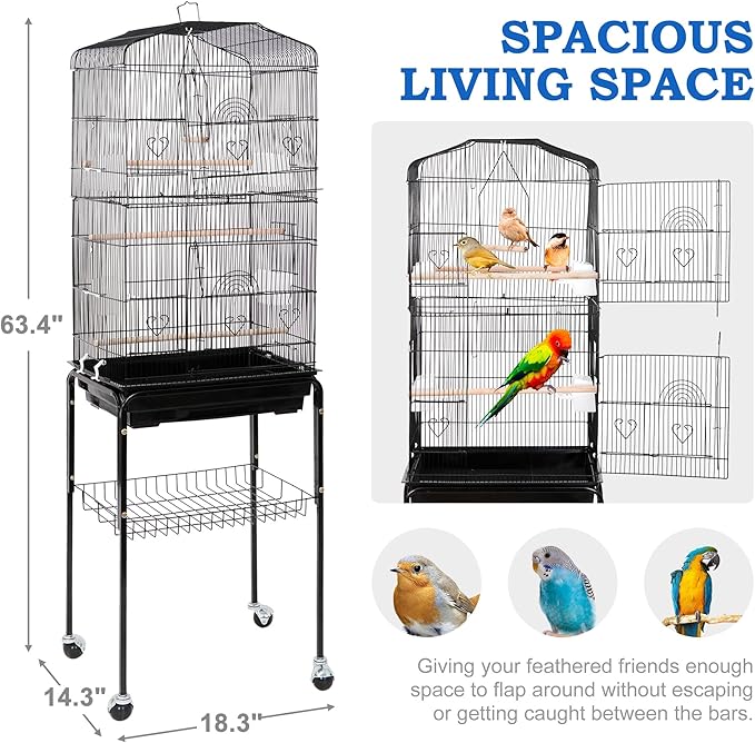 SUPER DEAL 59.3 Rolling Bird Cage Large Wrought Iron Cage for Cockatiel Sun Conure Parakeet Finch Budgie Lovebird Canary Medium Pet House with Rolling Stand & Storage Shelf