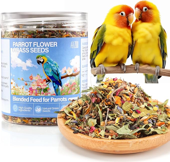Abizoo Cockatiel & Conure Birds Foods Treats Seed Supplement for Love Birds Quaker Parrot Parakeets Digestive Health & Feather Support with Chia Flax Seeds Calendula Natural Comida para Pajaritos