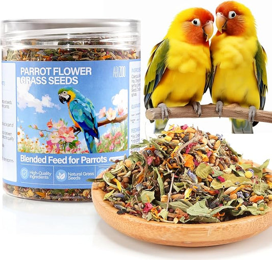 Abizoo Cockatiel & Conure Birds Foods Treats Seed Supplement for Love Birds Quaker Parrot Parakeets Digestive Health & Feather Support with Chia Flax Seeds Calendula Natural Comida para Pajaritos