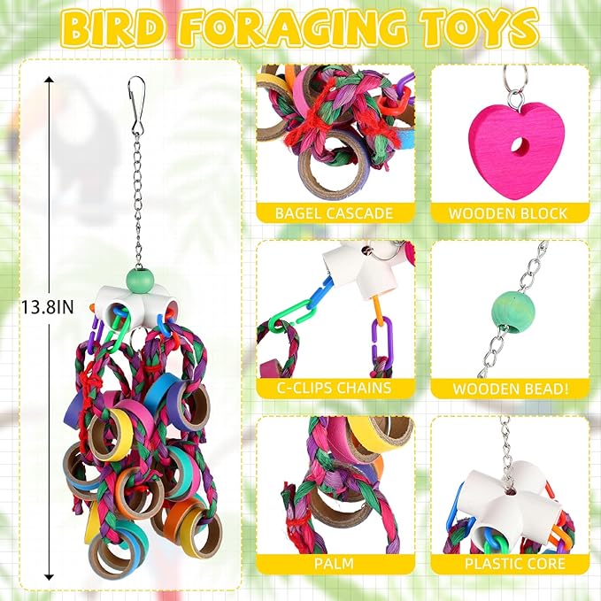 Soulchen 4 Pcs Extra Large Bird Parrot Toy Set Natural Wooden Chewing Toy, Rattan Ball, Wood Nut Loofah String (Bagged) for Large Macaws, African Grey, Amazon Parrots (Wooden Block)