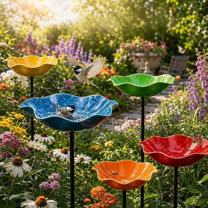 Bird Bath for Outside, Metal Flower Stakes with Bee Watering Station for Garden Decor, Decorative Flower Bath for Yard Patio or Backyard (Green)