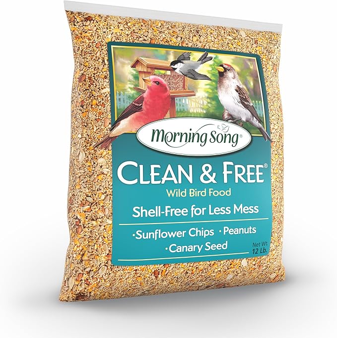 Morning Song Clean & Free No Mess Wild Bird Seed – 12 lb. Shell-Free Bird Food Blend with Sunflower Chips, Peanuts & Canary Seed – No Waste Bird Food for Outside Feeders
