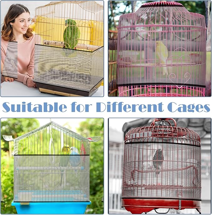 Trinkrittey Adjustable Bird Cage Seed Catcher Net Cover Elastic Band Mesh Cover Black for Parrot Cages