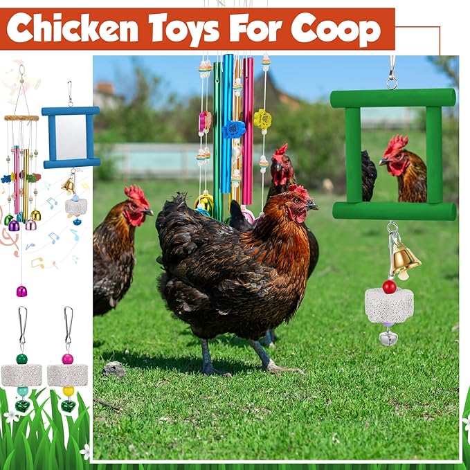 VioraWhite 7 Pcs Chicken Toys, Hanging Chicken Wind Chime, 2 Pcs Coop Mirror Toys with Bells 4 Pack Beak Grinding Stones, Musical Coop Accessories for Hen Rooster Chick Poultry Birds(Green, Blue)