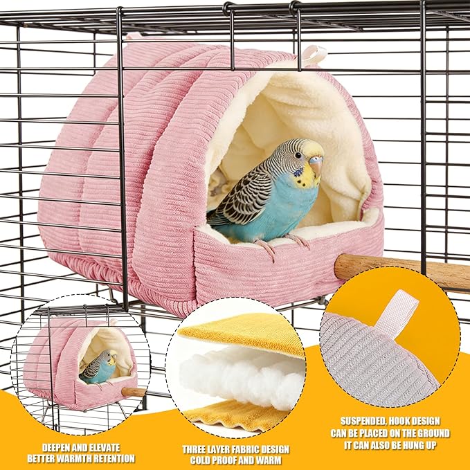 Winter Warm Bird Nest Bed, Plush Hanging Bird Bed for Cage, Plush Hut Tent, Hideaway Sleeping Nest for Budgies, Parakeets, Cockatiels, Conures (Pink, S)