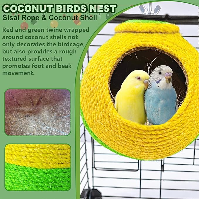 Bird Nest,Parrot Breeding House,Parakeet Natural Coconut Shell Hut,Hanging Budgie Nesting House with Coconut Fiber,Cockatiel Bed for Conure Lovebird Finch Birds,Green&Yellow