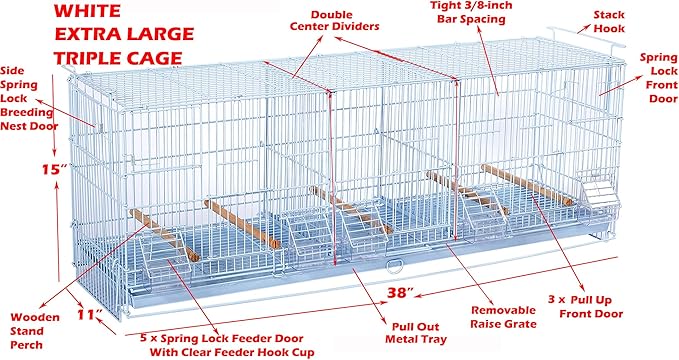 Mcage Extra Large Bird Cage, 38'' x 11'' x 15'', Lockable, Stack and Lock Double Breeder Cage with Removable Divider and Breeder Doors (White)