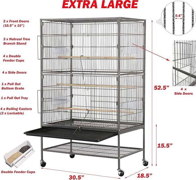 X-Large Sturdy Wrought Iron Breeding Flights Canary Parakeet Cockatiel African Grey Lovebird Finches Parrot Home Cage Double Large Front Doors 4 Side Doors Bottom Storage Shelf On Lockable Wheels
