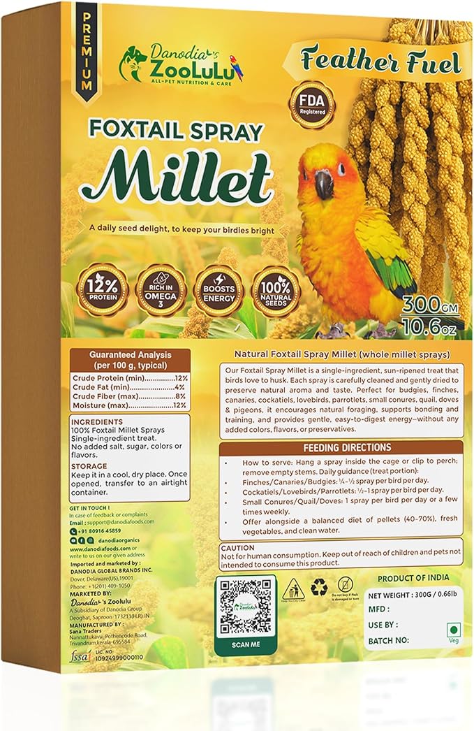Danodia's Zoolulu Foxtail Spray Millet for Birds 300 g (0.66 lb/ 10.6oz) | All-Natural Sun-Dried Non-GMO Treats | Parakeets, Budgies, Finches, Canaries, Cockatiels & Lovebirds