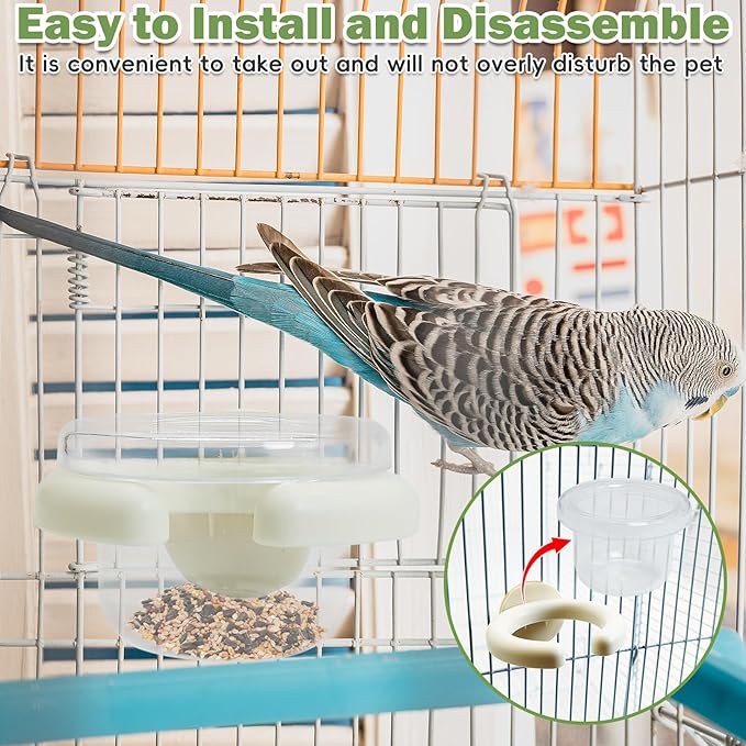 PINVNBY 4 PCS Bird Food Bowl Bird Cage Feeder with Clamp, Easy to Install Feeding Dish Cups Transparency Parakeet Food Dish for Finches Lovebirds and Long-Tailed Parrots （White）