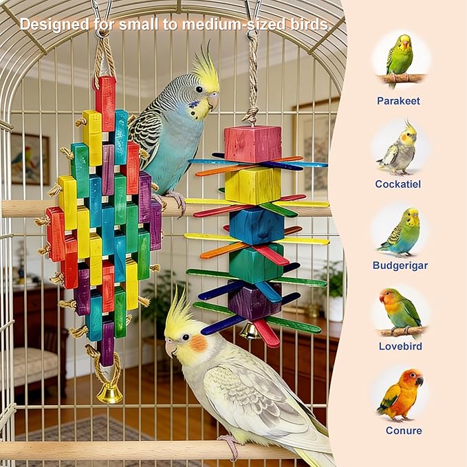 2Pcs Parrot Toys - Natural Wooden Blocks Bird Chewing Toys, Colorful Bird Cage Accessories for Parakeets Cockatiels Lovebirds Conures