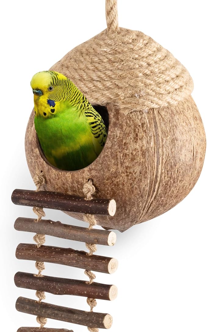 andwe Coconut Bird Nest Hut with Ladder for Parrots Parakeet Conures Cockatiel - Small Animals House Pet Cage Habitats Decor