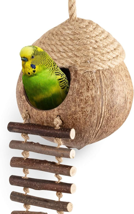 andwe Coconut Bird Nest Hut with Ladder for Parrots Parakeet Conures Cockatiel - Small Animals House Pet Cage Habitats Decor