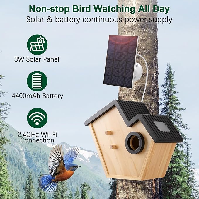 Smart Bird House with Camera Solar Powered,2K HD Birdhouse with Camera Inside,Watch Bluebirds Nesting&Hatching in Real Time,2.4G WiFi & App Notification,Video/Photo Recording,Motion Detection
