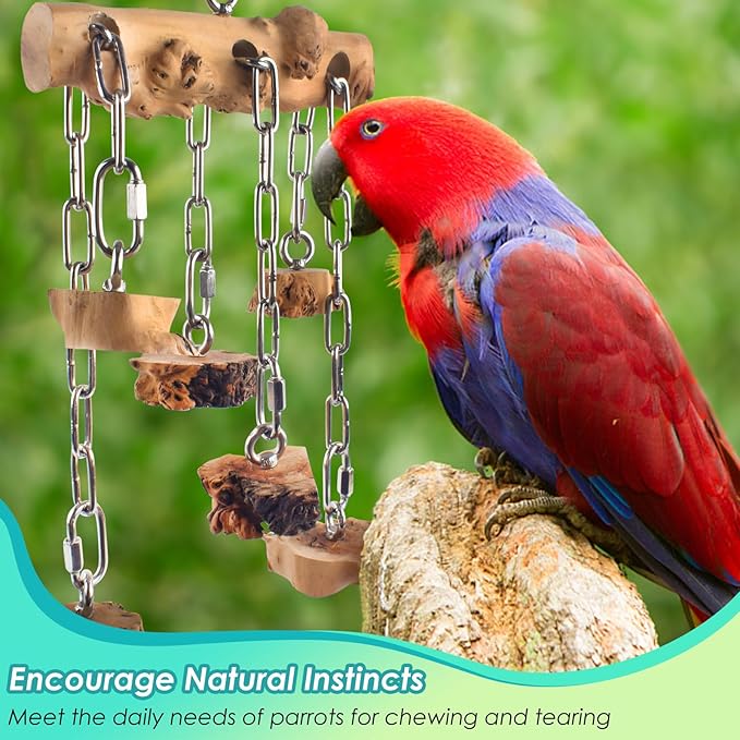 DBNESS Bird Toys for Parrots, Durable Wooden Hardwood Blocks with Stainless Steel Hanging Natural Chew Toy for Macaws African Greys Amazon Cockatoos Medium Large Parrot Similar Sized Pet Parrot