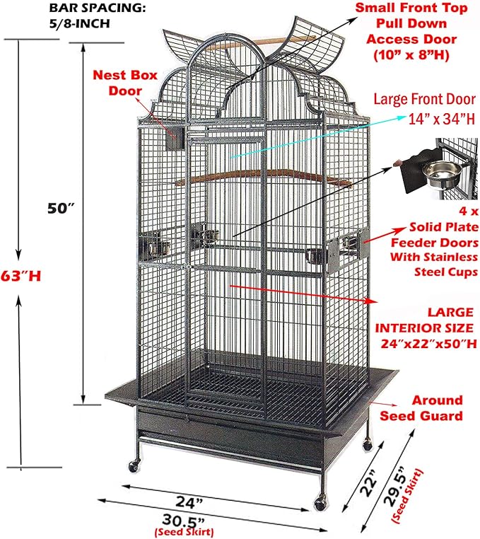 Large Elegant Wrought Iron Open/Close Dome Perch Play Top Stand Bird Parrot Rolling Cage, Include Metal Seed Guard Solid Metal Feeder Breeding Door (24" x 22" x 63"H, Black Vein)
