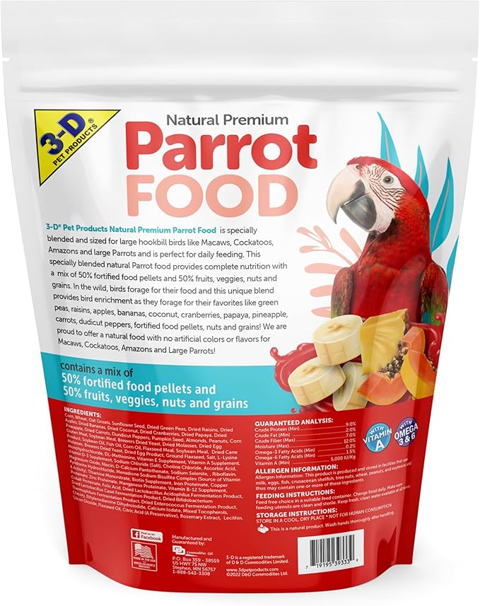 3-D Pet Products Natural Premium Parrot Food - Complete Nutritional Mix with Natural Fruits, Nuts & Veggies – 50% Fortified Pellets – No Artificial Colors