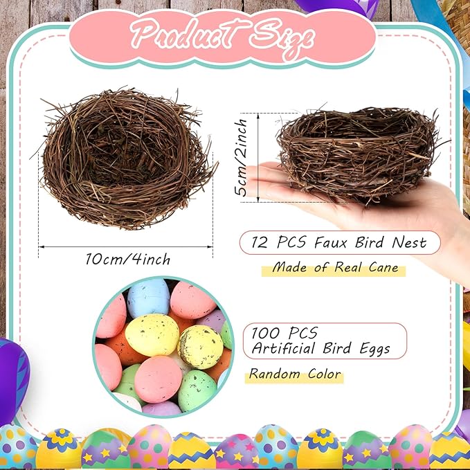 Simgoing 12 Pcs Birds Nests with 100 Pcs Easter Eggs, Mini Artificial Bird Nest for Crafts, Easter, Party, Wedding, Faux Rattan Nest Decorating(3.9 Inch)