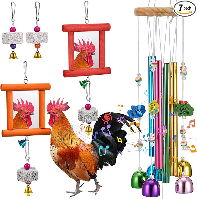 VioraWhite 7 Pcs Chicken Toys, Hanging Chicken Wind Chime, 2 Pcs Coop Mirror Toys with Bells 4 Pack Beak Grinding Stones, Musical Coop Accessories for Hen Rooster Chick Poultry Birds(Red, Orange)