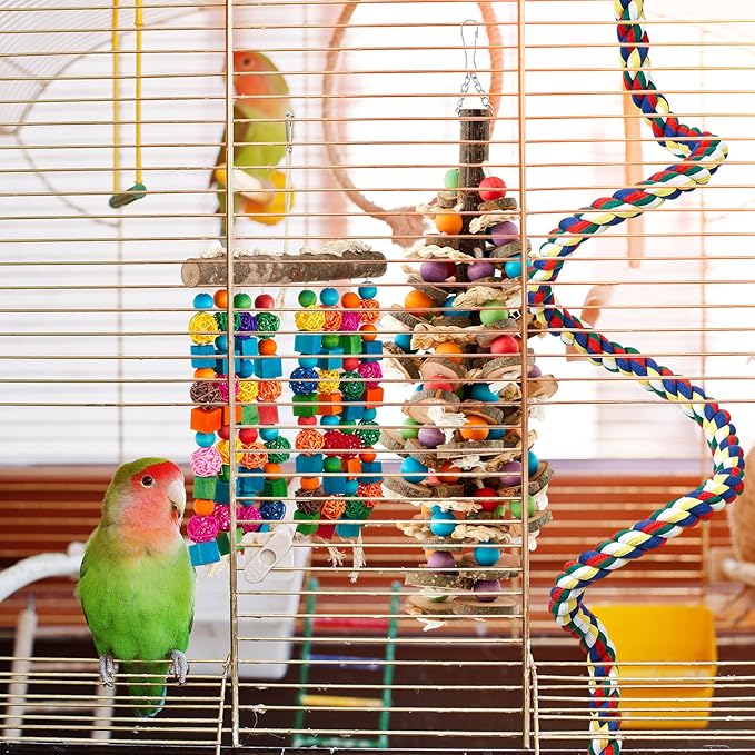 Seenelling 6 Pcs Extra Large Bird Parrot Toy Multicolored Natural Wooden Parrot Cage Chewing Toys for Large Medium Macaws Cockatoos African Grey Birds (Mixed)