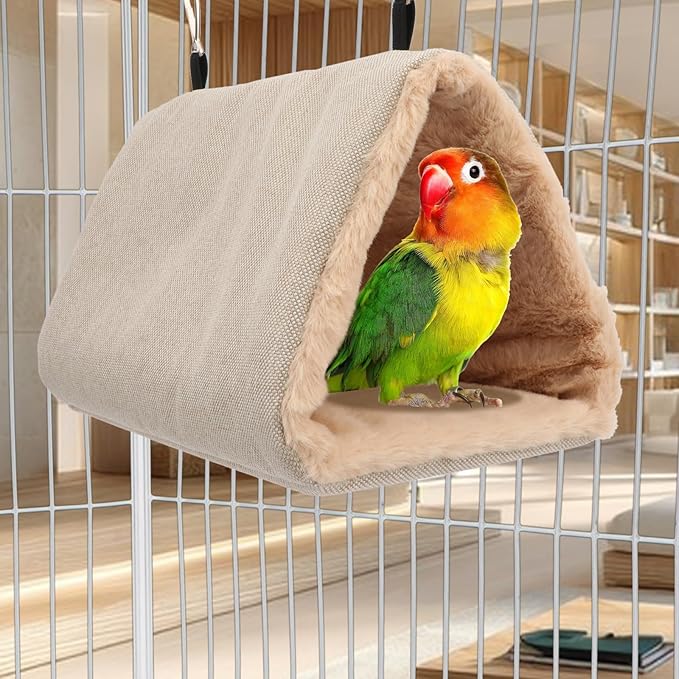 Litewoo Winter Warm Bird Nest House Hanging Hammock Shed Hut Cotton Parrot Sleeping Bed Plush Double Access Birds Hut Hideaway Tent for Parrot Parakeet Cockatiel Cockatoo Budgie Lovebirds (M/Beige)