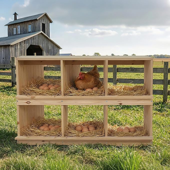 GarveeLife Wooden Chicken Nesting Box, 6-Compartment, Wall-Mounted or Floor-Standing Laying Box for Hens, Egg-Roll-Proof Design with Perch and Easy Egg Collection, Natural Wood, Sun-Resistant