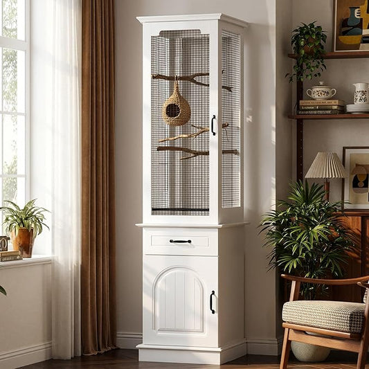 Modern White Tall Bird Cage with Storage Cabinet & Drawer, Elegant Flight Parrot Cage with Slide-Out Tray, Stylish Safe Bird Cages House for Parakeets, Cockatiels, Finches