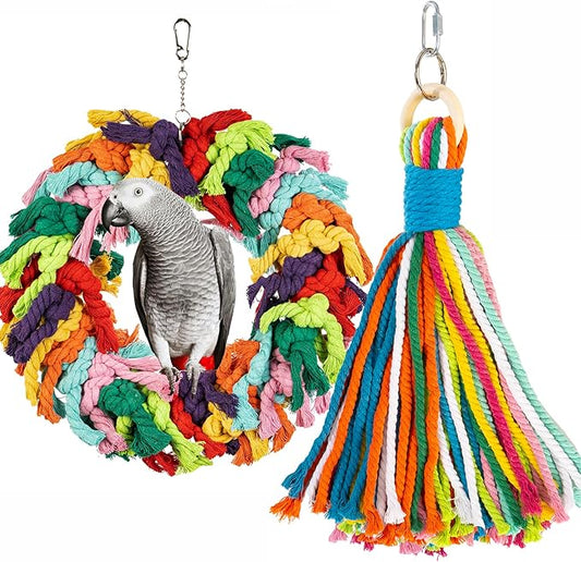 Parrot Swing for Large Birds - Colorful Cotton Rope Hanging Ring Toy for African Grey, Cockatoo, Conure, and Parakeet | Chewing, Exercise, Climbing, and Snuggling (Parrot Swing+Colorful Rope)