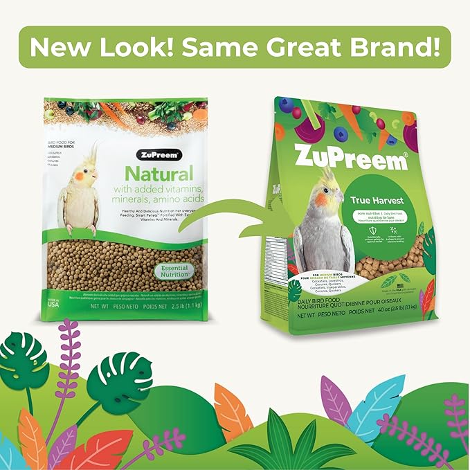 ZuPreem True Harvest Bird Pellets, Daily Bird Food for Cockatiel, Lovebird, Quaker, Small Conure, Lorikeet, Core Nutrition for Medium Birds, Added Vitamins, Cockatiel Pellets (M, 2.5 lbs)