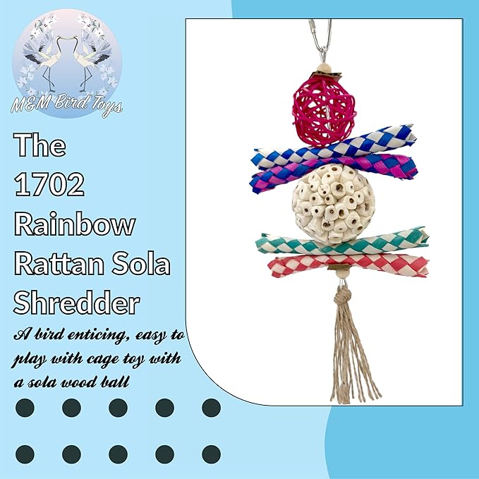 1702 Rainbow Rattan Sola Shredder - Handcrafted Foraging Bird cage Toy, Colorful Rattan Vine Ball, Chewy Bamboo Finger Traps, Handmade sola Wood Ball, Natural Jute Twine, Soft Materials, Easy Ripping
