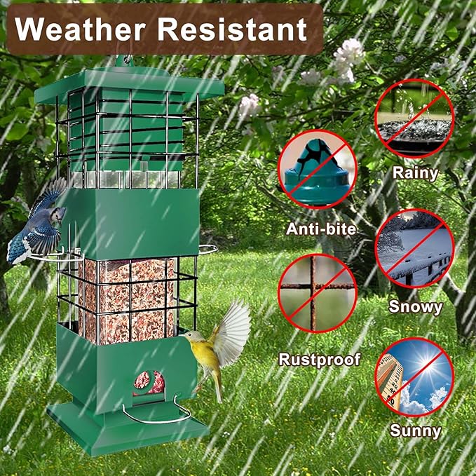 Squirrel Proof Bird Feeder, 3Lb Capacity Metal Bird Feeders for Outdoors Hanging, All-Weather Weight Activated Tube Birdfeeder with 4 Ports for Outside, Cardinal Finch Bluebird (Green)