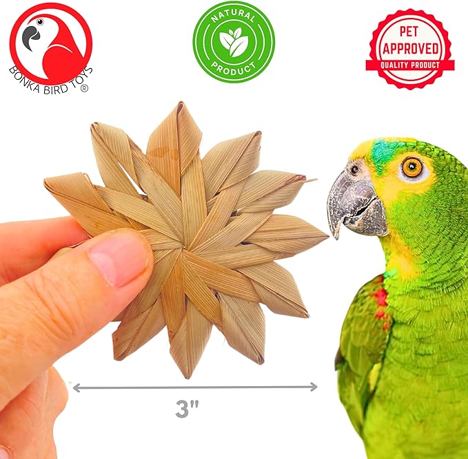 Bonka Bird Toys 1271 Pack of 3 Woven Palm Leaf Flowers 3" Natural Chew Shred Foot Toy for Extra Small to Medium Birds Parakeets Cockatiels Conures Senegals Amazons