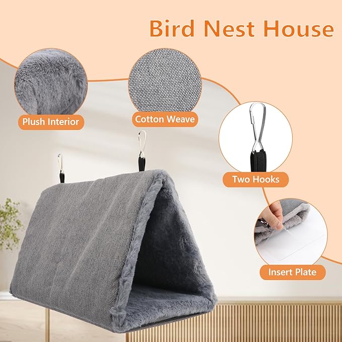 Litewoo Winter Warm Bird Nest House Hanging Hammock Shed Hut Cotton Parrot Sleeping Bed Plush Double Access Birds Hut Hideaway Tent for Parrot Parakeet Cockatiel Cockatoo Budgie Lovebirds (L/Grey)