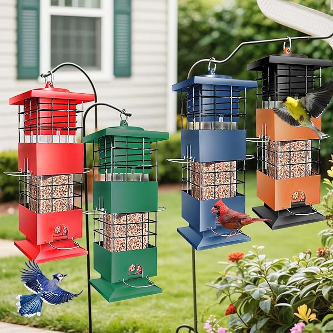 Squirrel Proof Bird Feeder, 3Lbs Metal Anti-Squirrel Bird Feeders for Outdoors, Weight-Activated Perches Hanging Wild Birdfeeder for Blue Jay, Cardinal (Brown)