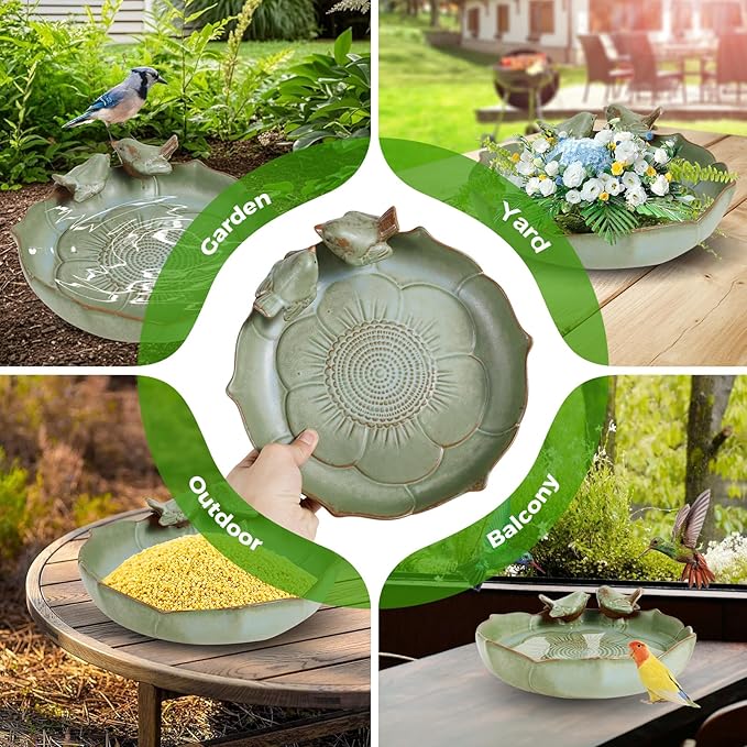 Ceramic Bird Bath for Outside, Vintage Birdbath, Bowl Only, Ground Bird Feeders and birdbath for Outdoors, Garden, Tabletop, Deck, Balcony and Lawn