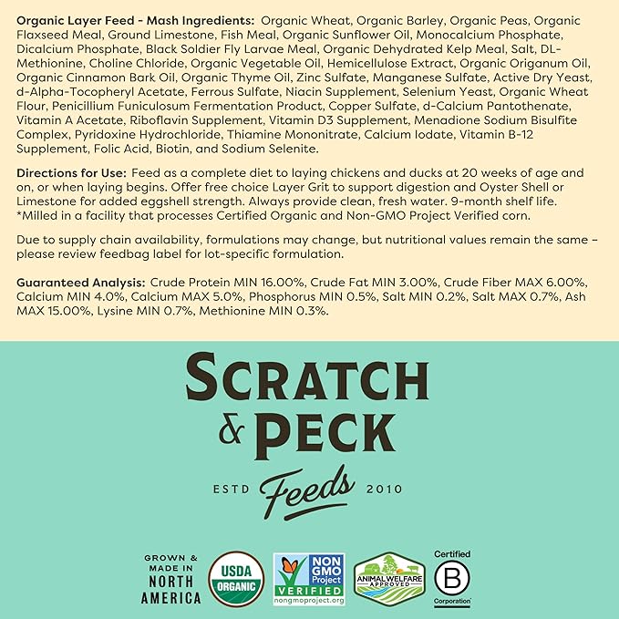 Scratch and Peck Feeds You are What Your Animals EAT Naturally Free Organic Herbs, Layer Grit, Feed for Chickens Ducks - Non-GMO Project Verified, Soy Corn