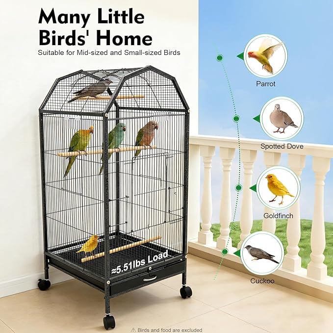 37-inch Iron Standing Parrot Parakeet Flight Bird Cage Bird Cage Birdcage with Rolling Stand for Small Parrot Sun Parakeet Green Cheek Lovebird Budgie Finch Canary