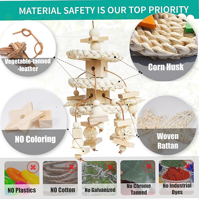 Natural Bird Toys for Quaker Parrot, Lovebird, Parakeet, Cockatiel & Conure – for Chewing, Shredding & Foraging, Corn Husk, Wood & Vine with Leather Cord for Small & Medium Birds