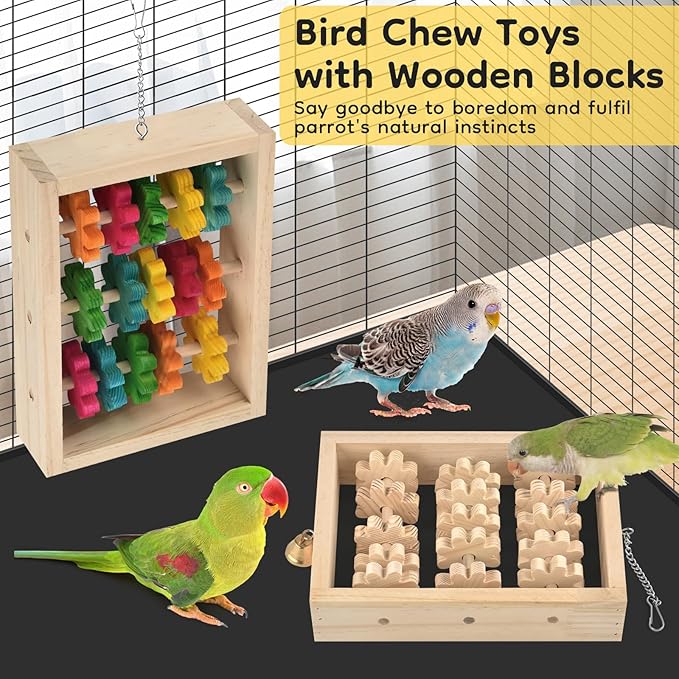DBNESS 2Pcs Bird Toys for Parrots, Hanging Parrot Chew Toy, Natural Wooden Chewing Puzzle Training Blocks Intellectual Development for Parakeets Cokatiels Cockatoo African Grey Amazon Macaw