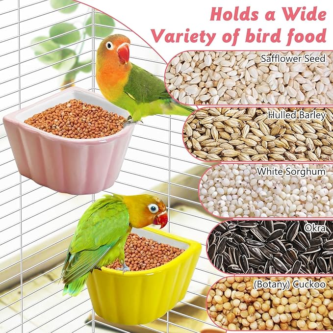 Tfwadmx 2 Pcs Bird Cage Feeder Ceramic Pet Bird Bowls Parrot Feeding Dish Hanging Parrot Food Bowl for Budgie Finches Lovebirds Parakeet Cockatiels (Yellow & Pink)